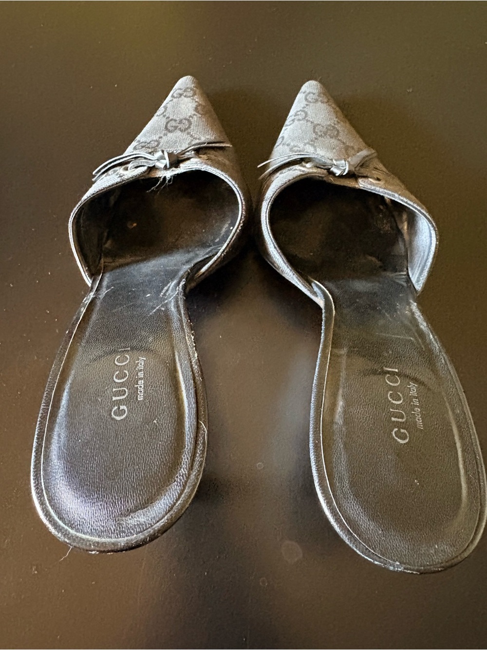 Gucci Black Monogram Pointed Toe Slip-On Mules - Picture 3 of 4